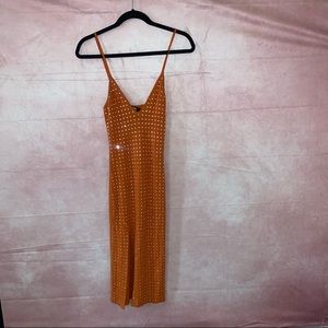 Thigh slit rhinestone midi dress